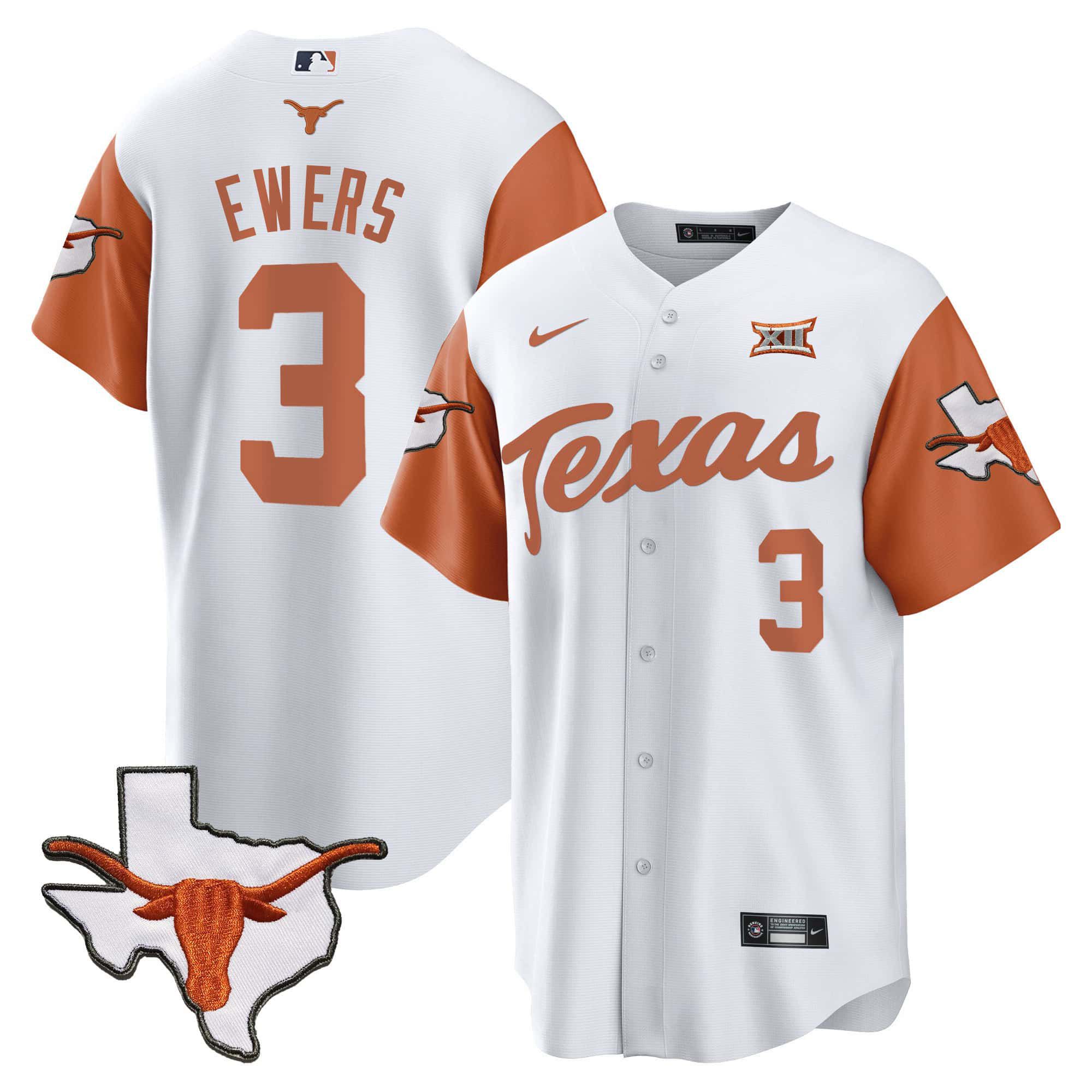 Men Texas Longhorns #3 Ewers White 2024 Baseball NCAA Jersey style 1